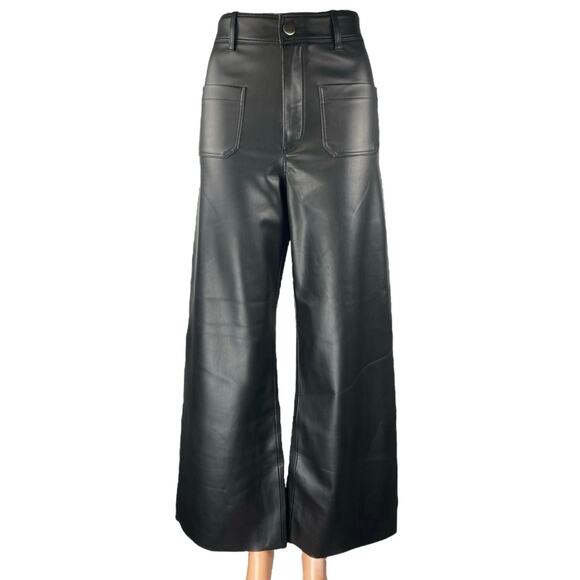 Zara Women's Black Faux Vegan Leather High Waist Wide Leg Baggy Trousers Pants 2 - Picture 1 of 5